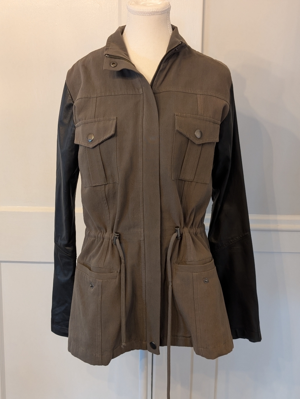 Rails Olive Utility Anorak Jacket with Black Leather Sleeves